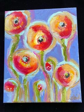 Poppies On Periwinkle “ AnOriginal Acrylic Painting 10”x8”On Canvas.